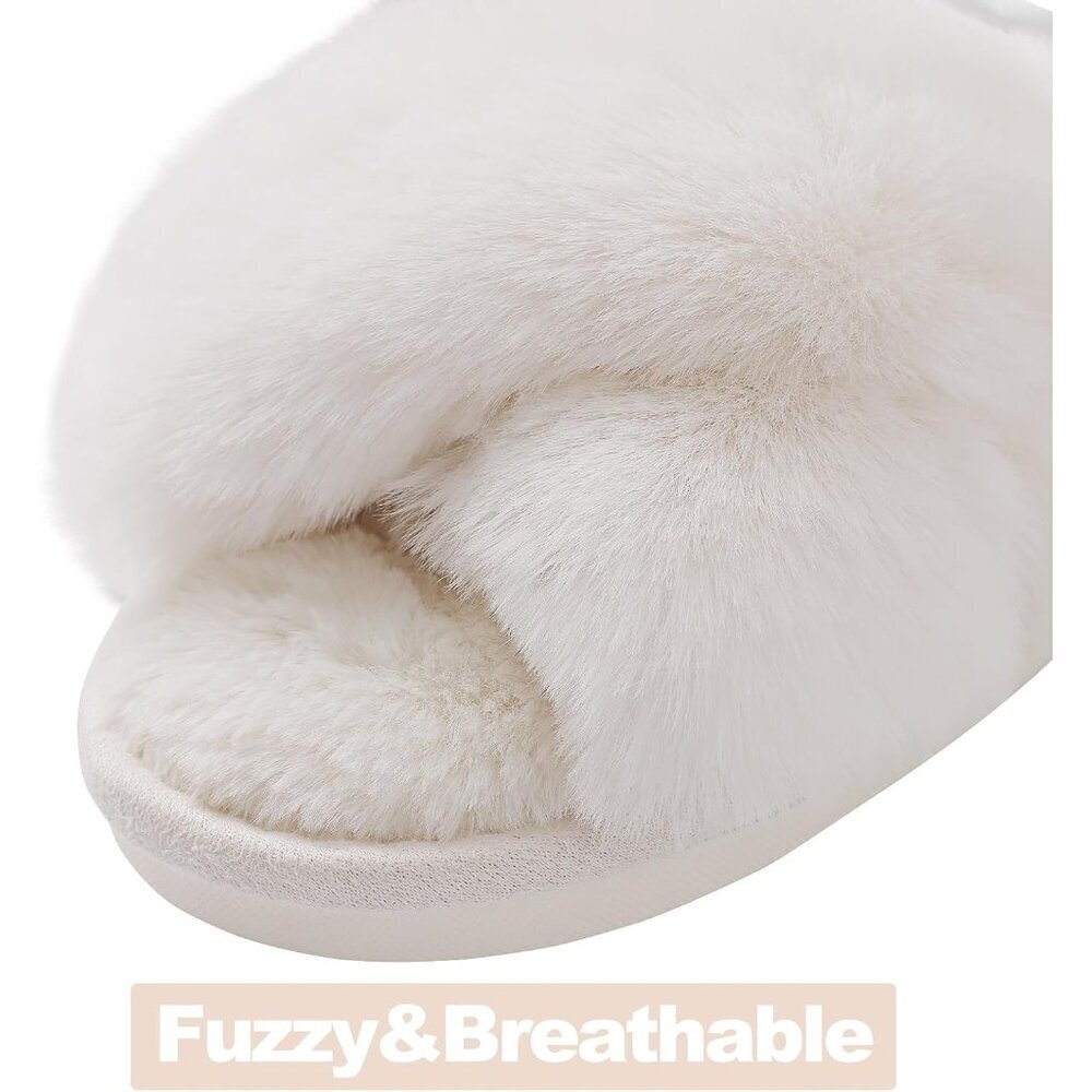 🆕Women's White Fuzzy Slippers Cross Band Memory Foam Faux-fur Open Toe Shoes - Picture 9 of 13